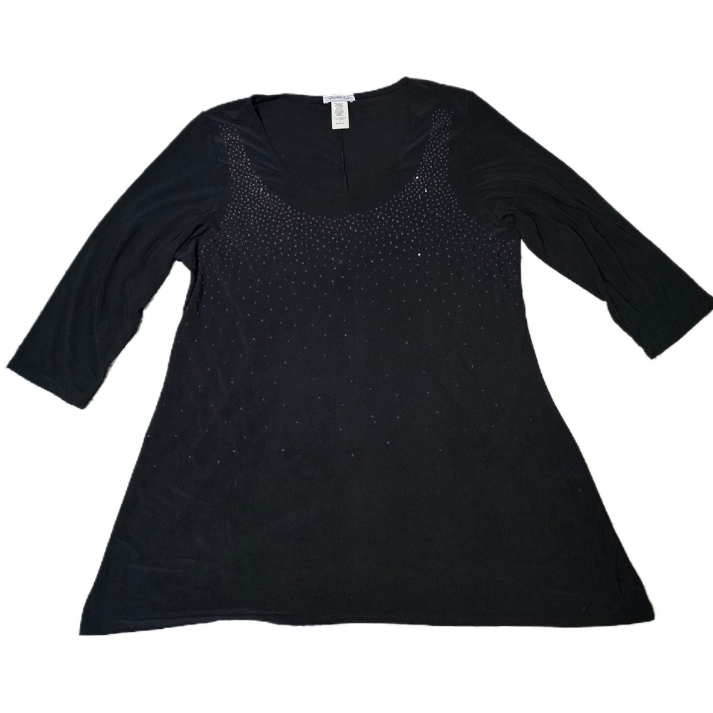 Forever Jade Black Embellished Top Womens 1X Plus Size Scoop Neck 3/4 Sleeve (J)